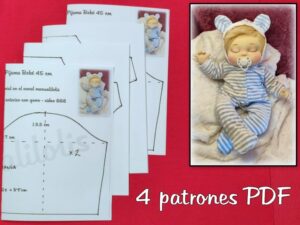 4 PATRÓNES PDF pijama enterizo con gorro de BEBÉ 45 cm