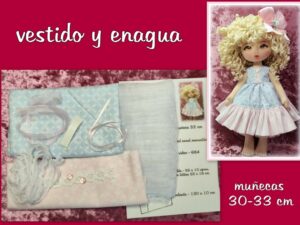 MINIKIT VESTIDO Y ENAGUA color azul-rosa ( muñecas 30-33 cm )