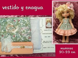 MINIKIT VESTIDO Y ENAGUA color verde-salmón ( muñecas 30-33 cm )