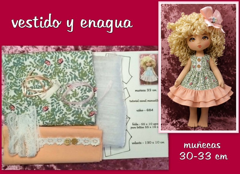 MINIKIT VESTIDO Y ENAGUA color verde-salmón ( muñecas 30-33 cm )