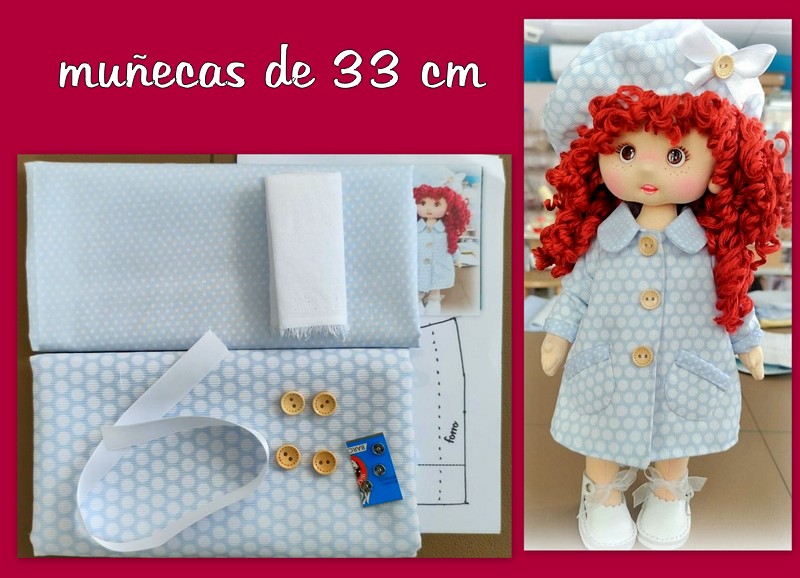 KIT ABRIGO + BOINA topos azul ( muñecas 30-33 cm )