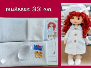 KIT ABRIGO + BOINA azul florecitas ( muñecas 30-33 cm )