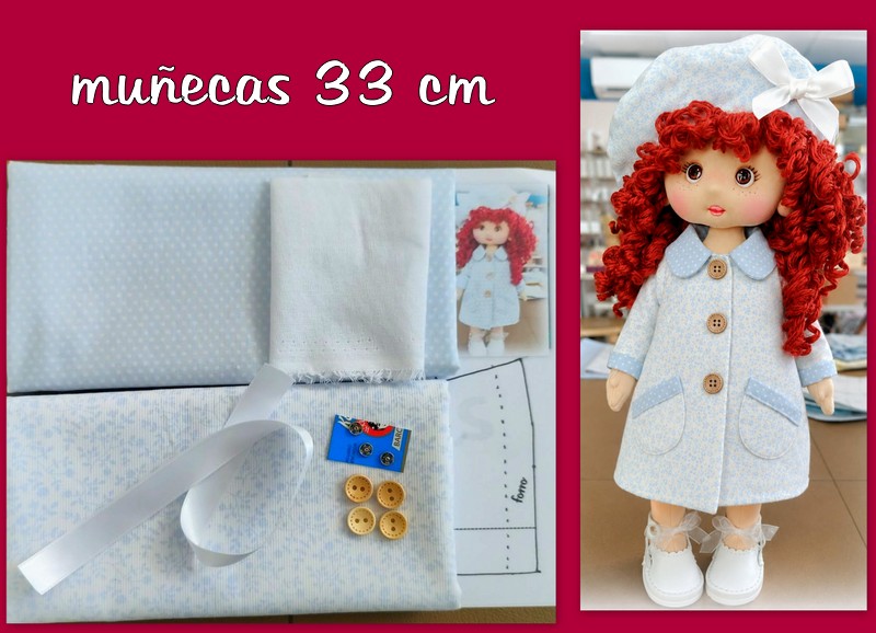 KIT ABRIGO + BOINA azul florecitas ( muñecas 30-33 cm )